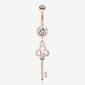 Rose Gold Victorian Skeleton Key Sparkle Belly Button Ring-Clear Gem